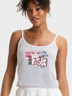 Skinnydip Good Luck Graphic Tank Top Heather Gray Lucky Cat Meow Cami Womens M